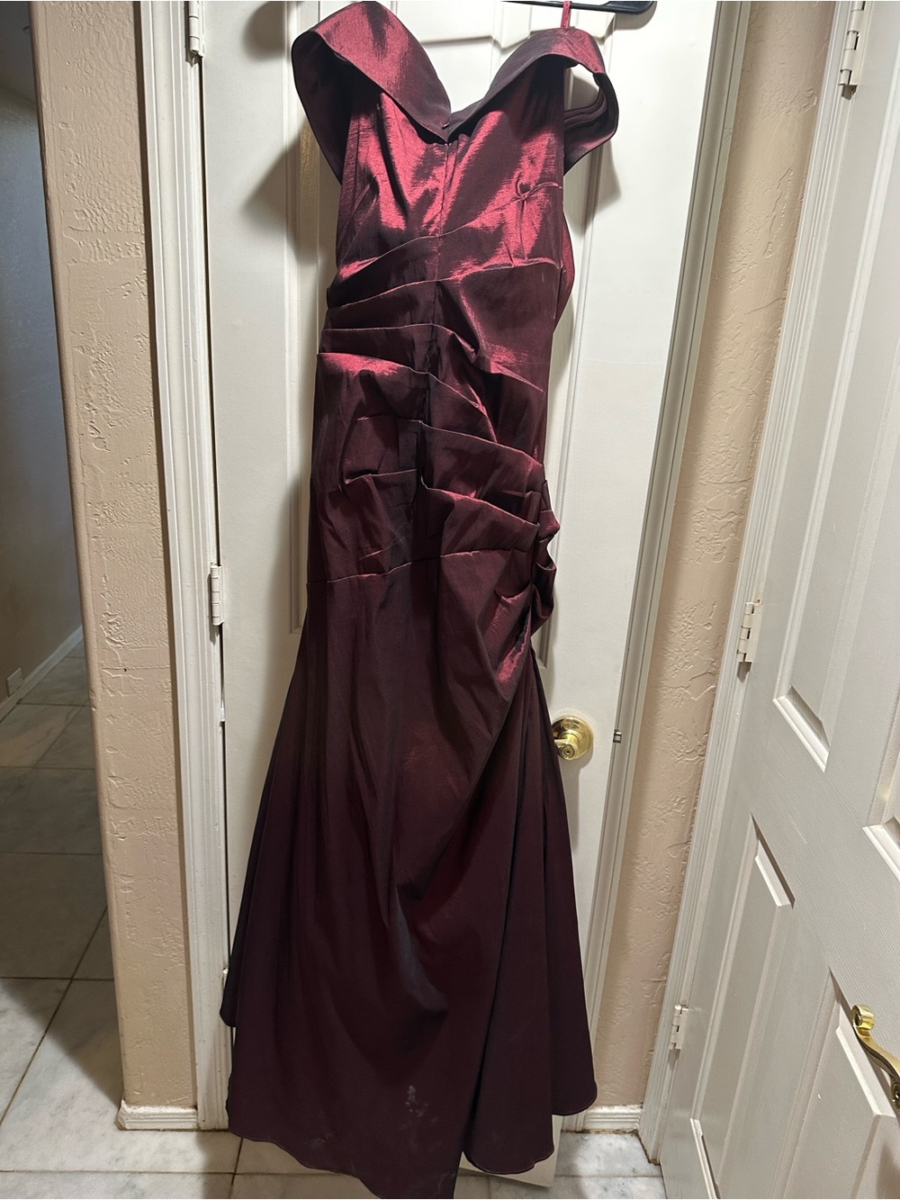 Xscape Burgundy Satin Maxi Gown with Draped Bodice